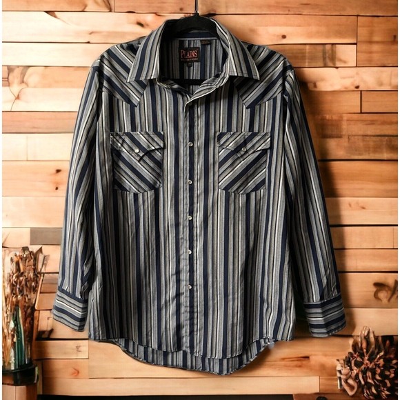 Plains Western Ware Shirt Pearl Snap Brush Popper Long Sleeve Men's Medium Blue - Picture 1 of 9